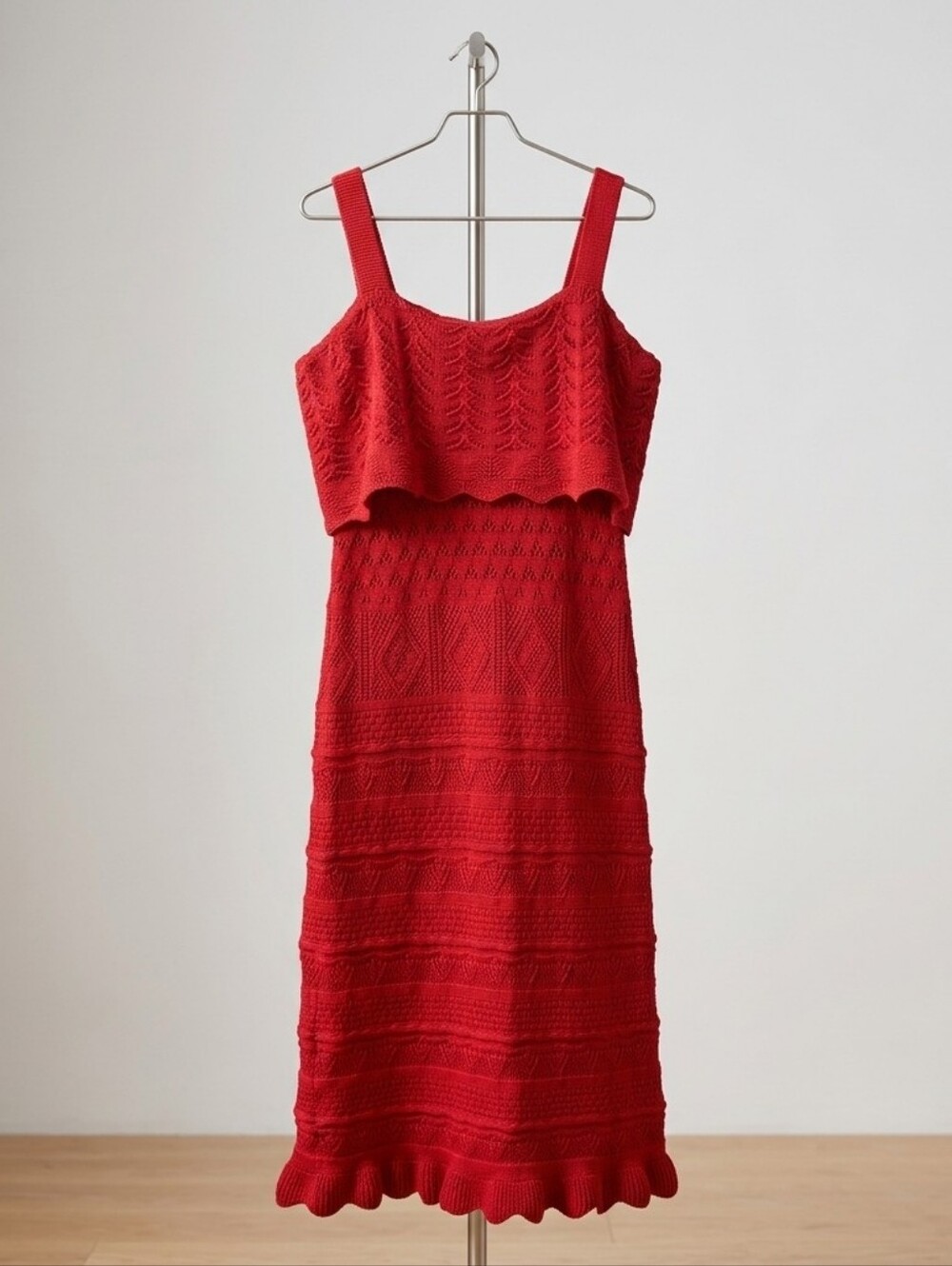 Jealous Tomato Red Crochet Textured Overlay Midi Dress 🍅✨Size L
